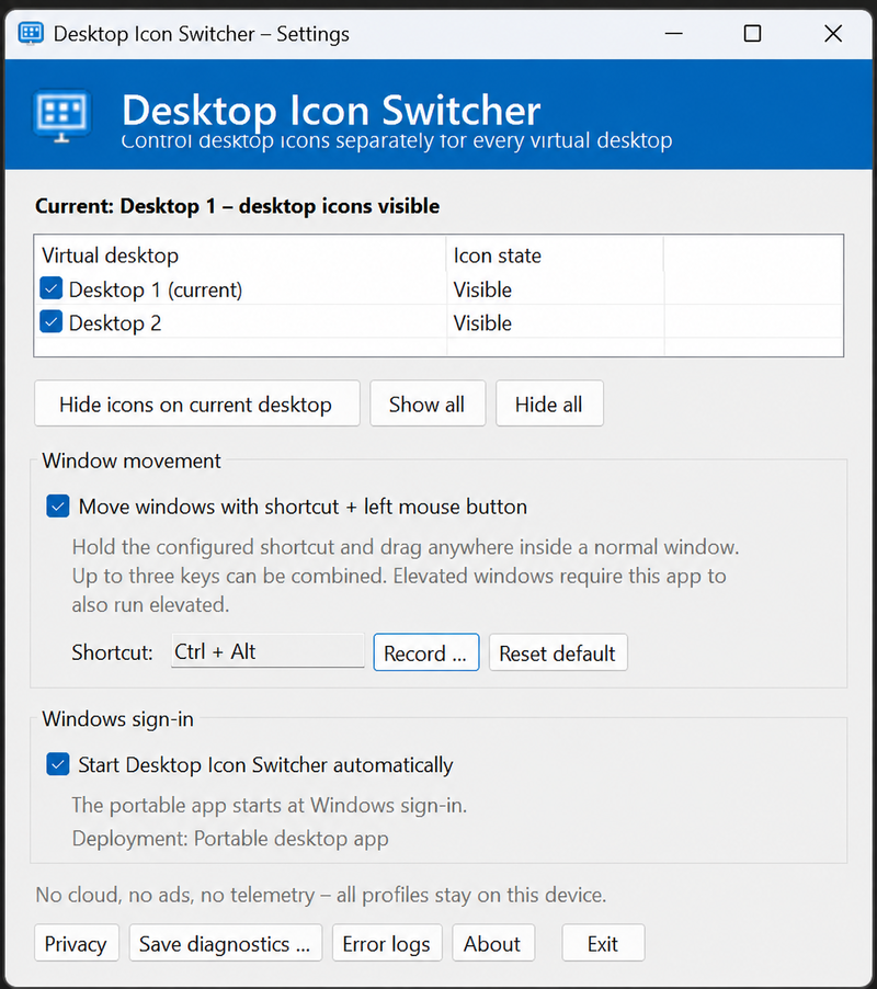 Einstellungen des Desktop-Icon-Schalters mit aktivierter Fensterbewegung und der Tastenkombination Strg plus Alt